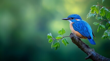 a bluebird perched on a tree branch with green leaves background softly blurred