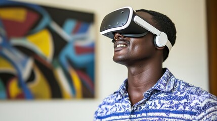 A man smiles while experiencing virtual reality in a modern room with colorful abstract art on the walls during daylight