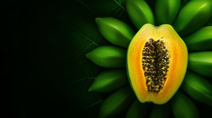 Poster -  A black background features a ripe fruit in close-up, topped by a cluster of green bananas