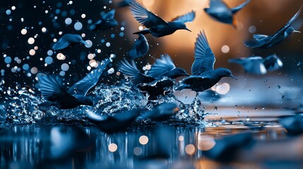 Wall Mural -  A collection of birds in flight above a water body, with droplets falling to the ground below, and a structure visible behind