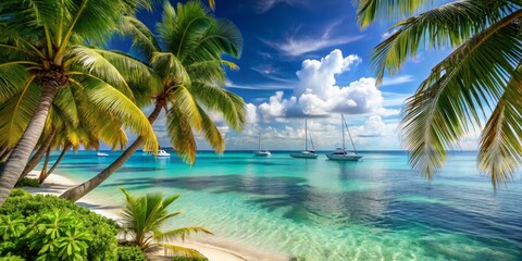 Serene tropical beach scene with palm trees, crystal-clear turquoise water, and sailboats in the distance, evoking