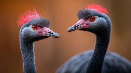  Two birds perch side by side on a verdant grassy knoll before a tan wall