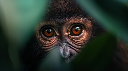 Wall Mural -  A tight shot of a monkey's face with a near green leaf in the front, background softly blurred