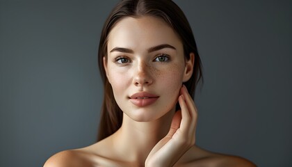 Wall Mural - Radiant Fresh-Faced Woman Perfecting Skincare Routine with Freckles and Smooth Skin in Close-Up Portrait on Grey Background