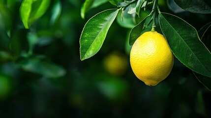  A tight shot of a lemon dangling from a tree, surrounded by clear green leaves, with a hazy foreground featuring another lemon