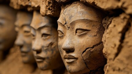  A collection of clay face sculptures adjacent to one another on a carved clay section of a wall