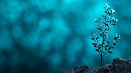 Sticker -  A tiny plant emerges from a rocky mound against a backdrop of blue, green, and black