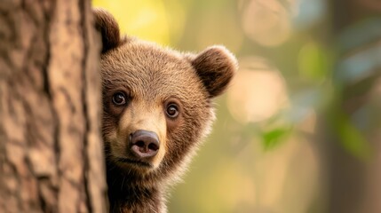 Wall Mural -  A tight shot of a brown bear partially hidden behind a tree, its head inserted in a tree trunk