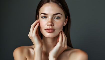 Wall Mural - Radiant Fresh-Faced Woman Perfecting Skincare Routine with Freckles and Smooth Skin in Close-Up Portrait on Grey Background