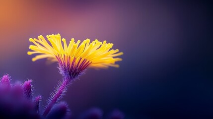  A tight shot of a yellow bloom atop a purplish stalk against a softly blurred backdrop of intermingled purple and yellow hues