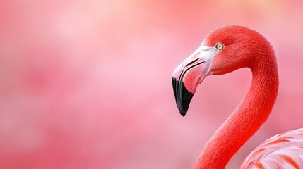  A tight shot of a pink flamingo against a softly blurred backdrop, comprised of indistinct foliage and an out-of-focus, pastel sky