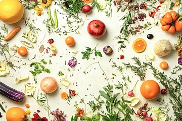 Fresh, colorful produce arranged on white background for vibrant food photography. Beauty and freshness of natural ingredients emphasized