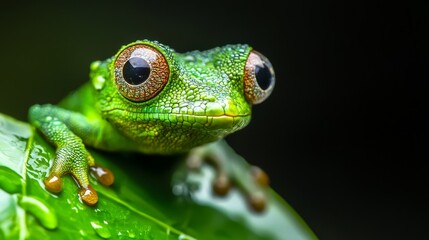 Wall Mural -  A tight shot of a green frog perched on a leaf, adorned with droplets of water on its face and eyes