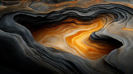 Wall Mural -  A tight shot of a rock formation with a yellow light emanating from its heart against a black backdrop