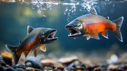 Canvas Print -  Two fish swimming side by side above a waterbody, with rocks forming a foreground