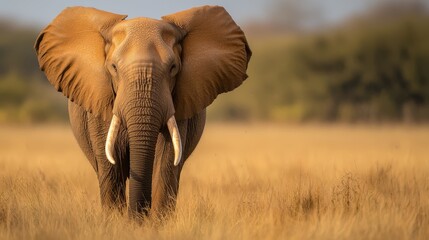  A tight shot of an elephant in a sea of tall grass, dotted with trees, against a backdrop of a clear blue sky