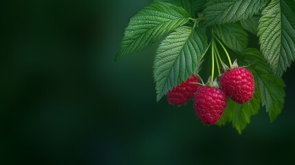 Wall Mural -  A branch laden with red raspberries against a dark green backdrop, adorned with verdant leaves