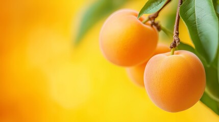 Poster -  Three apricots dangle from a branch against a bright yellow and orange backdrop, adorned with green leaves Shallow focus highlights the fruit