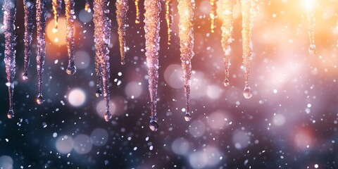 A festive Hanging icicle ornament with crystal shine, blurry background. with space for text or product display