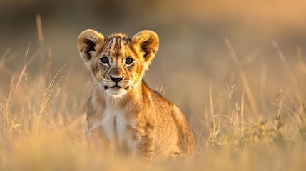  A young lion cub gazes curiously at the camera from a field of tall grass