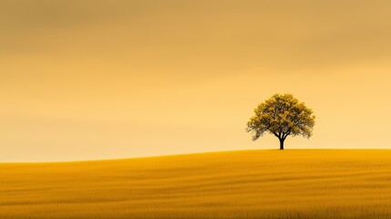 Poster -  A solitary tree, standing amidst a sea of yellow grass, backs a yellow-hued sky