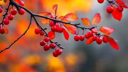 Wall Mural -  A clear branch bearing red berries against a softly blurred backdrop of leafy branches and one additional red-berried tree limb