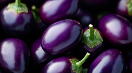 Poster -  A tight shot of multiple eggplants, each with a green leaf cap at its top