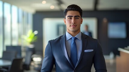 Wall Mural - Handsome young Latin businessman dressed neatly and elegantly standing and looking at camera in office