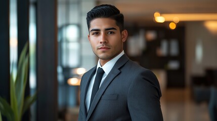 Wall Mural - Handsome young Latin businessman dressed neatly and elegantly standing and looking at camera in office