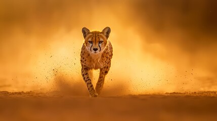  A cheetah sprints across the desert, generating a yellow cloud of dust that trails behind, approaching the camera