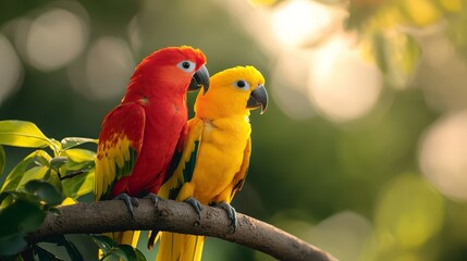  Two parrots, colorfully perched on a tree branch, in a tropical scene where sunlight filters through foliage Background softly blurred