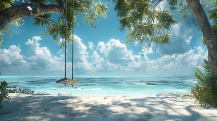 Wall Mural - A tranquil tropical beach backdrop features a beach swing