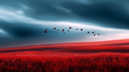 Poster -  A flock of birds flies through a cloudy sky above a red field with tall grass and tall grass in the foreground