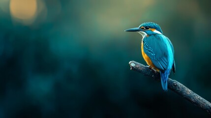 Wall Mural -  A vibrant bird perches on a branch against a backdrop of blurred greens, yellows, and blues