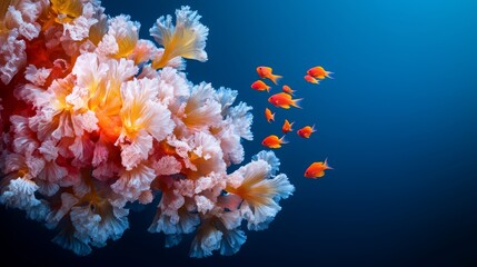  A school of orange and white fish swim adjacent to a cluster of pink and yellow blooms against a backdrop of blue