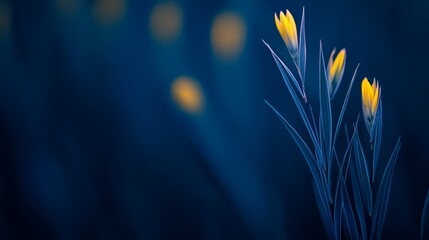 Wall Mural -  A bright yellow flower against a tranquil blue backdrop, with softly blurred lights at its center