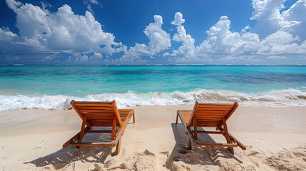 Wall Mural - Two lounge chairs on a sandy beach with blue sky 