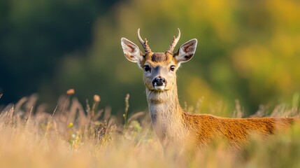 Wall Mural -  A deceiredly near shot of a deer in a meadow of towering grass, encompassed by a hazy backdrop of trees and underbrush