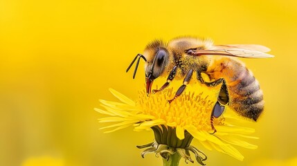 Wall Mural -  A bee closely focused on a yellow flower, surrounded by background bees