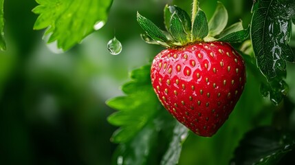 Wall Mural -  A tight shot of a ripe strawberry atop its green plant, adorned with dewdrops on both its peak and nearby leaves