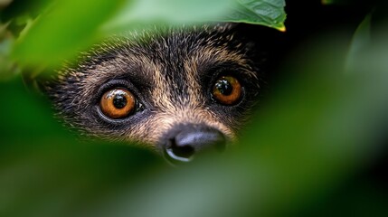 Wall Mural -  A brown and black animal with wide-open eyes peers from behind a green, leafy branch