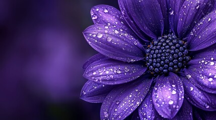 Wall Mural -  A tight shot of a purple flower, adorned with dew droplets, and a verdant stem at its core