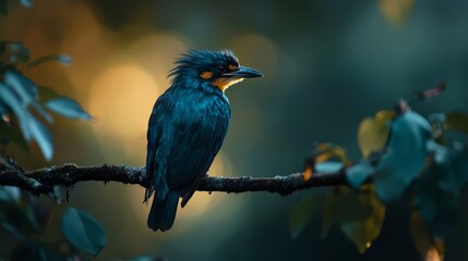 Wall Mural -  A blue bird perched on a branch, surrounded by foliage, against a softly blurred background