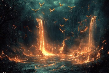 Wall Mural - Mystical fantasy landscape with glowing waterfalls and swirling butterflies