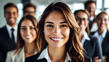 Wall Mural - Diverse group of smiling business professionals with a confident young businesswoman at the center, showcasing teamwork and collaboration in a corporate setting