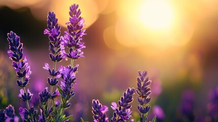 Wall Mural -  A scene of lavender fields with the sun casting a radiant backdrop, foreground softly blurred