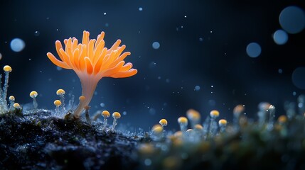 Poster -  A tight shot of a small orange flower atop mossy terrain, adorned with dewdrops on its petals