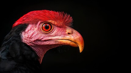  A tight shot of a red and black bird's head against a black backdrop