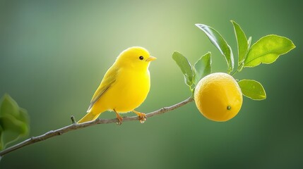 Wall Mural -  A small yellow bird sits on a branch beside a lemon, surrounded by greenery and leaves against a green backdrop