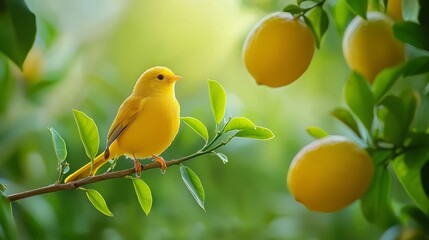 Wall Mural -  A yellow bird perches on a tree branch, surrounded by lemons suspended from the background tree limbs